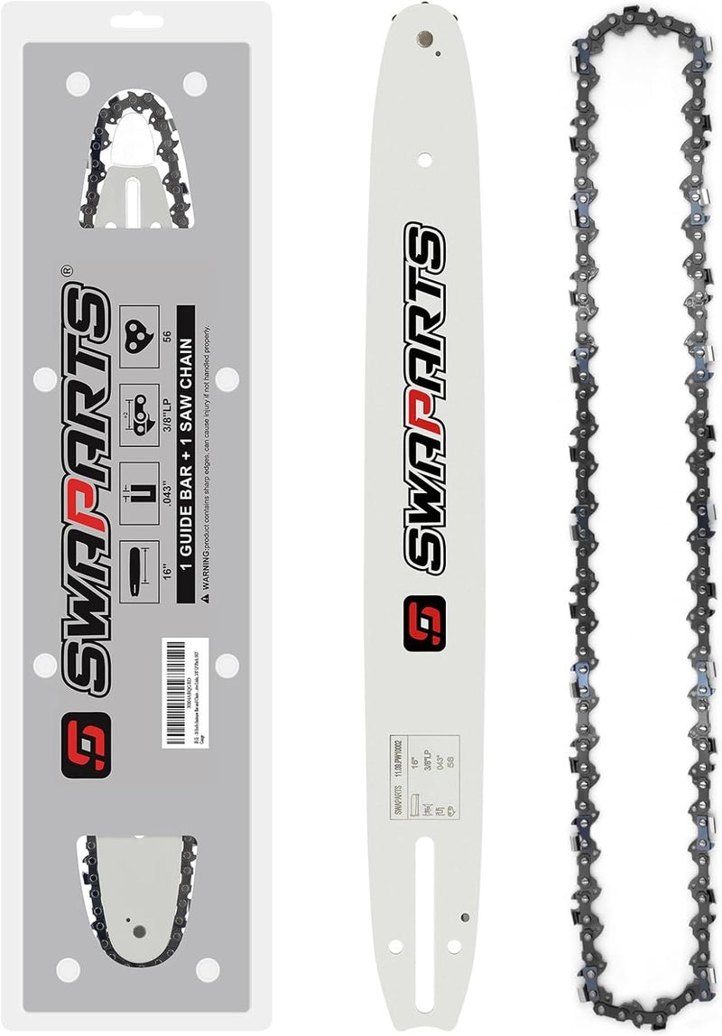 SWAPARTS 16 Inch Chainsaw Bar and Chain Combo, 3/8" LP Pitch, 043" Gauge, 56 Drive Links for Greenworks 2904502, EGO AG1600 CS1600/CS1604, Stihl, Echo, Craftsman, Poulan, Homelite, Husqvarna, Ryobi - Image 1